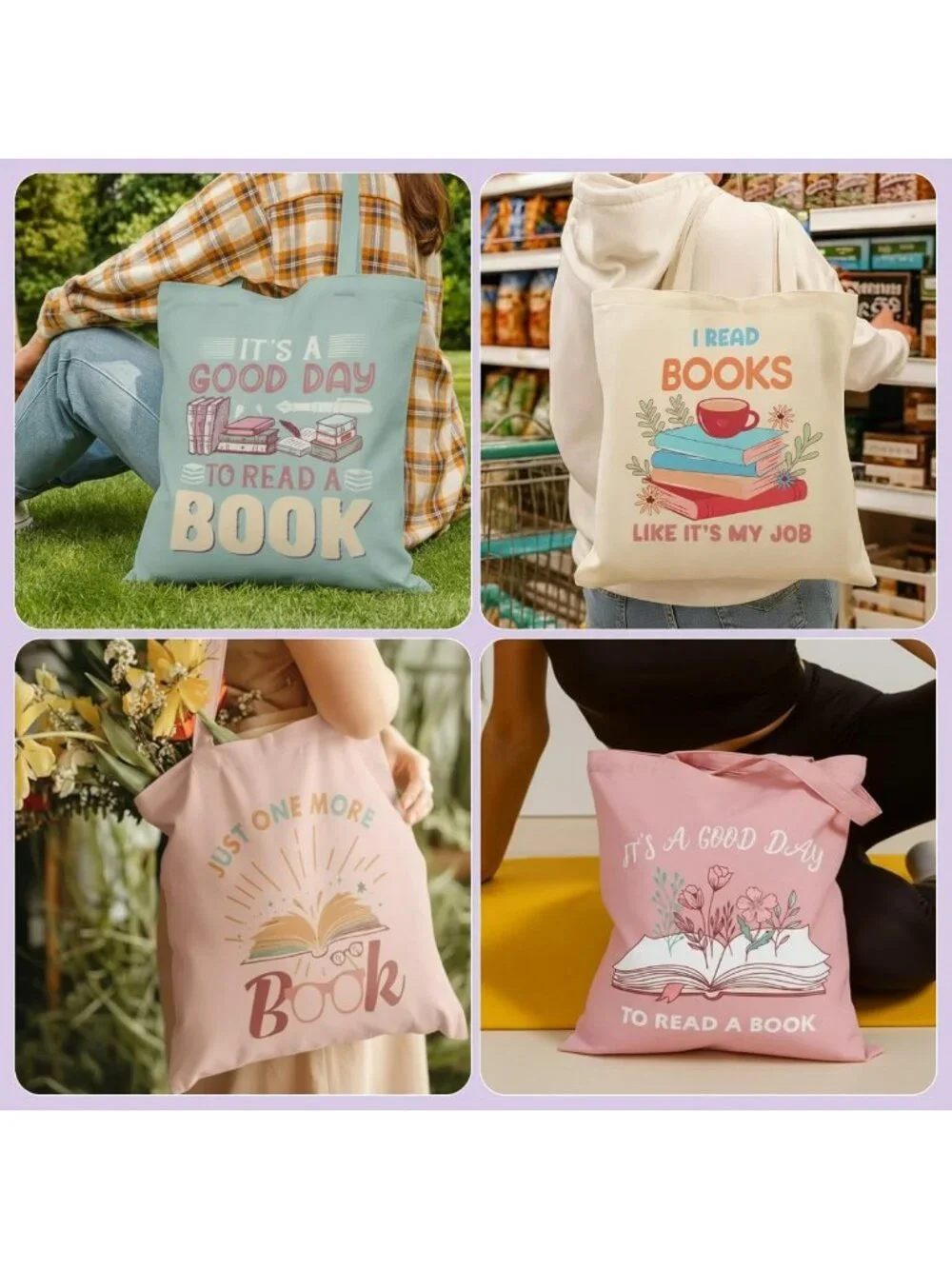 12 Pcs Canvas Tote Bag for Book Lovers - Stylish Reading Bag with Pocket
